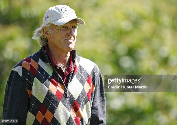 Greg Norman of Australia walks on the 4th hole during the second round of the 69th Senior PGA Championship at Oak Hill Country Club - East Course on...