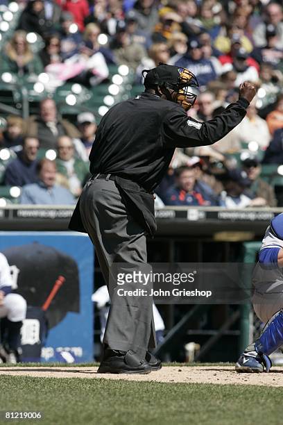 Chuck Meriwether making a call during the game between the Detroit Tigers and the Kansas City Royals at Comerica Park in Detroit, Michigan on April...