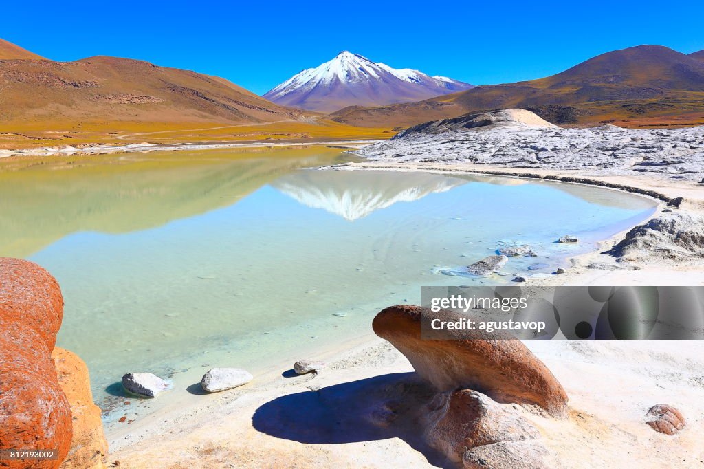 Salar de Talar und Miniques schneebedeckten Vulkan - gespiegelt türkisblauen See, Reflexion und Piedras Rojas (roten Steinen) Felsformation bei Sonnenaufgang, idyllische Atacama-Wüste, vulkanische Landschaft Panorama – San Pedro de Atacama, Chile, Bolivien und Argentinien Grenze