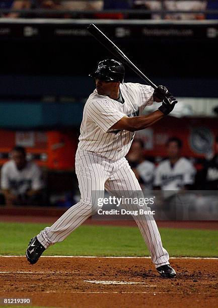 Newly aquired player Jacque Jones of the Florida Marlins in his first at bat for the Marlins while taking on the San Francisco Giants at Dolphin...