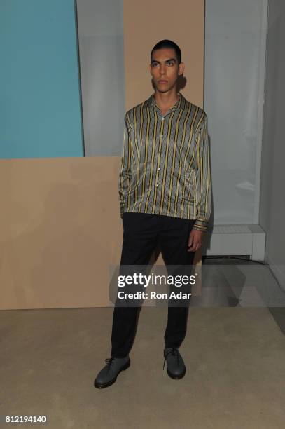 Model poses during the Maiden Noir - Presentation - NYFW: Men's July 2017 at Dune Studios on July 10, 2017 in New York City.