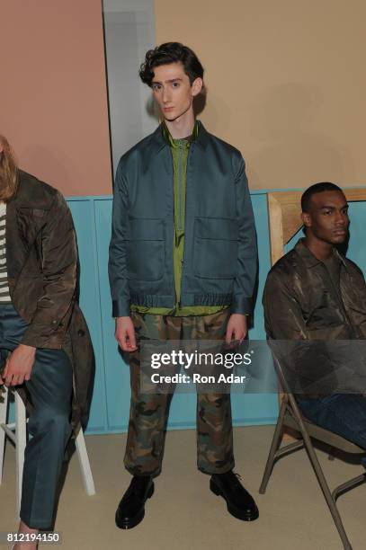 Model poses during the Maiden Noir - Presentation - NYFW: Men's July 2017 at Dune Studios on July 10, 2017 in New York City.