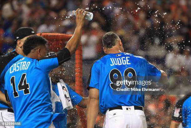Aaron Judge of the New York Yankees celebrates after winning the T-Mobile Home Run Derby at Marlins Park on July 10, 2017 in Miami, Florida.