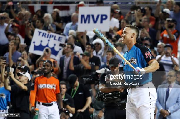 Aaron Judge of the New York Yankees celebrates after winning the T-Mobile Home Run Derby at Marlins Park on July 10, 2017 in Miami, Florida.