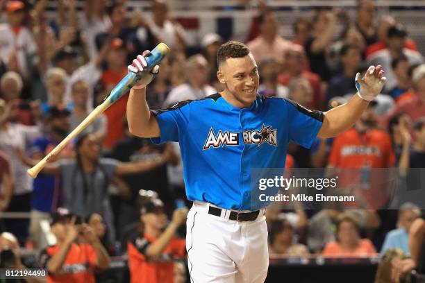 Aaron Judge of the New York Yankees celebrates after winning the T-Mobile Home Run Derby at Marlins Park on July 10, 2017 in Miami, Florida.