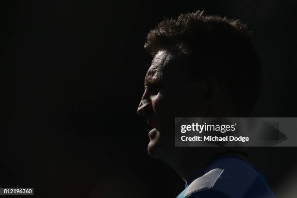 Collingwood Magpies AFL coach Nathan Buckley looks ahead during a Collingwood Magpies AFL training at the Holden Centre on July 11, 2017 in...