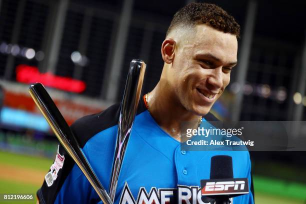 Aaron Judge of the New York Yankees interviews after winning the 2017 T-Mobile Home Run Derby at Marlins Park on Monday, July 10, 2017 in Miami,...