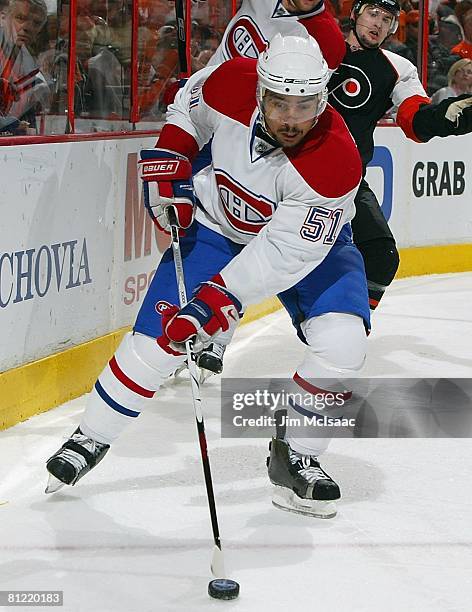 Francis Bouillon of the Montreal Canadiens skates against the Philadelphia Flyers during Game 4 of the Eastern Conference Semifinals of the 2008 NHL...