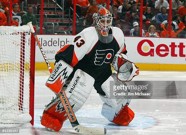 Martin Biron of the Philadelphia Flyers defends his net against the Montreal Canadiens during Game 4 of the Eastern Conference Semifinals of the 2008...