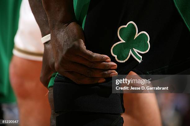 Detail of the Celtics shamrock logo is seen on the shorts of Kevin Garnett of the Boston Celtics against the Cleveland Cavaliers in Game Six of the...