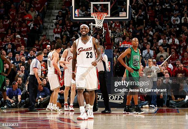 LeBron James of the Cleveland Cavaliers reacts against the Boston Celtics in Game Four of the 2008 NBA Eastern Conference Semifinals on May 12, 2008...