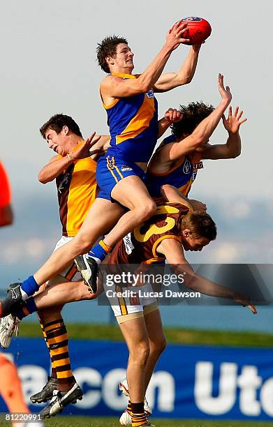 Andrejs Everitt of Williamstown takes a mark during the round eight VFL match between Williamstown and the Box Hill Hawks at Burbank Oval on May 24,...