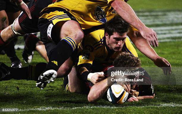 Kieran Read of the Crusaders score a try during the Super 14 semi-final match between the Crusaders and the Hurricanes at AMI Stadium on May 24, 2008...