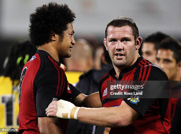 Mose Tuiali'i and Reuben Thorne of the Crusader congratulate each other following the Super 14 semi-final match between the Crusaders and the...