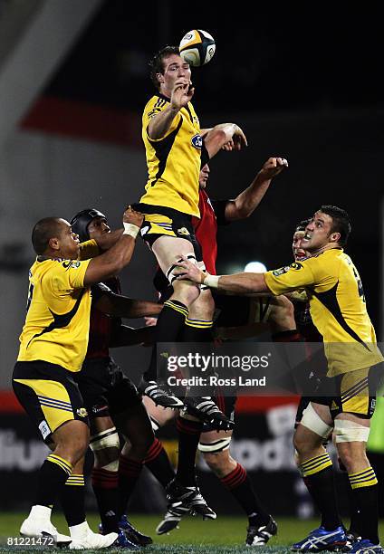 Jason Eaton of the Hurricanes wins a line-out ball during the Super 14 semi-final match between the Crusaders and the Hurricanes at AMI Stadium on...