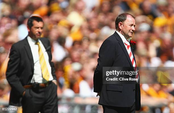 Phil Brown manager of Hull City and Gary Johnson manager of Bristol City look on during the Coca Cola Championship Playoff Final match between Hull...