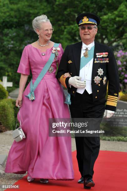 Queen Margrethe and Prince Henrik of Denmark arrives to attend the wedding between Prince Joachim of Denmark and Marie Cavallier on May 24, 2008 at...