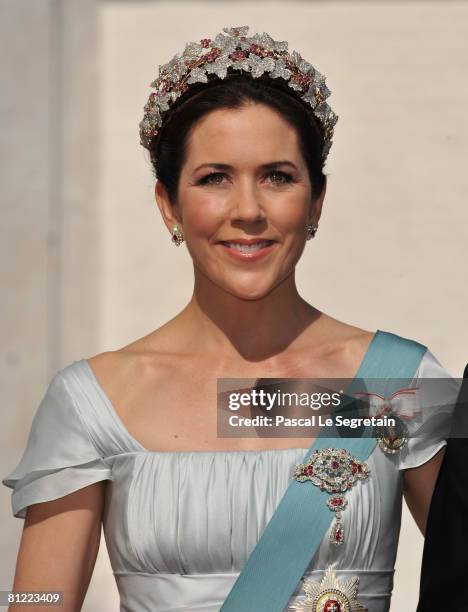 Crown Princess Mary of Denmark arrives to attend the wedding between Prince Joachim of Denmark and Marie Cavallier on May 24, 2008 at the Mogeltonder...