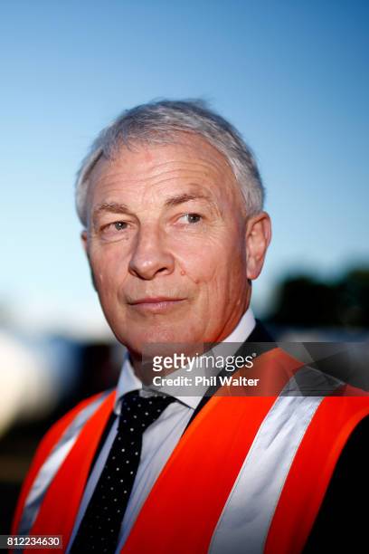 Auckland Mayor Phil Goff speaks at the Watercare pipe storage facilties on July 11, 2017 in Auckland, New Zealand. Prime Minister Bill English today...