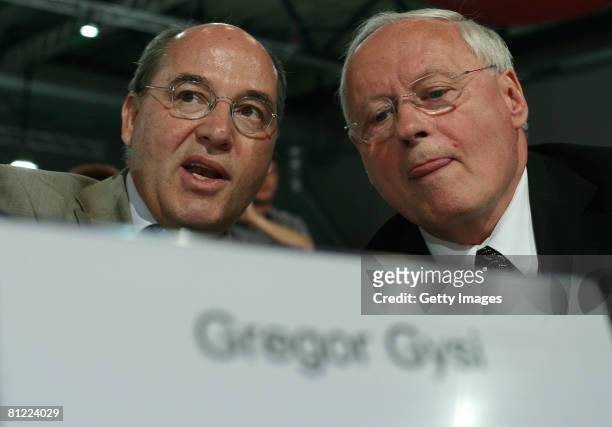 Gregor Gysi and Oskar Lafontaine of the German left-wing-party Die Linke chat at the party congress on May 24, 2008 in Cottbus, Germany. It is the...