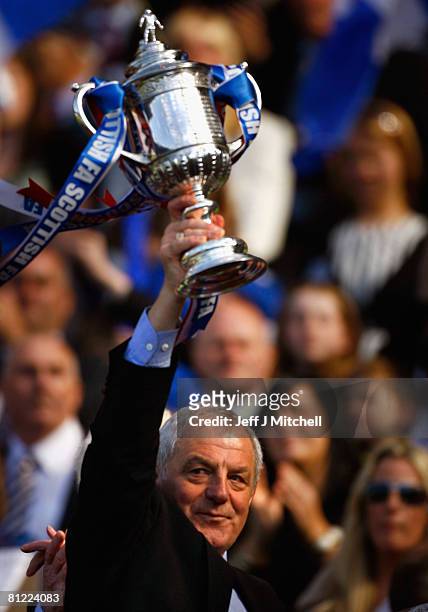 Walter Smith coach of Rangers lifts Scottish FA Cup, after his team beat Queen of the South 3-2 in the final at Hampden Park on May 24, 2008 in...