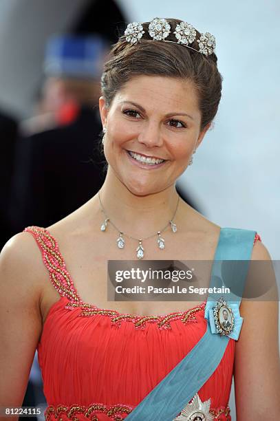 Crown Princess Victoria of Sweden departs after she attended the wedding between Prince Joachim of Denmark and Princess Marie of Denmark, Countess of...