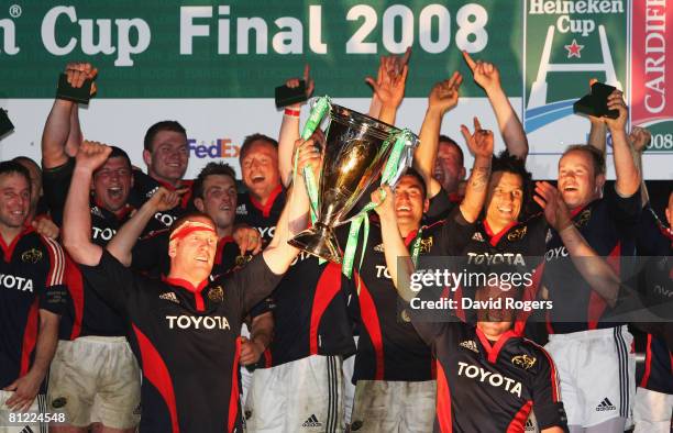 Paul O'Connell of Munster and Ronan O'Gara of Munster lift the trophy after the Heineken Cup Final between Munster and Toulouse at the Millennium...