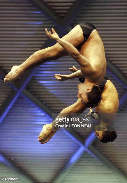 Tom Daley and Blake Aldridge of Great Britain take part in the Men's Platform Synchro of the 2nd FINA Diving World Series in Sheffield, on May 24,...