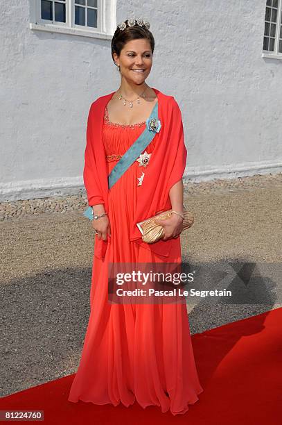 Crown Princess Victoria of Sweden arrives to attend the wedding between Prince Joachim of Denmark and Marie Cavallier on May 24, 2008 at the...