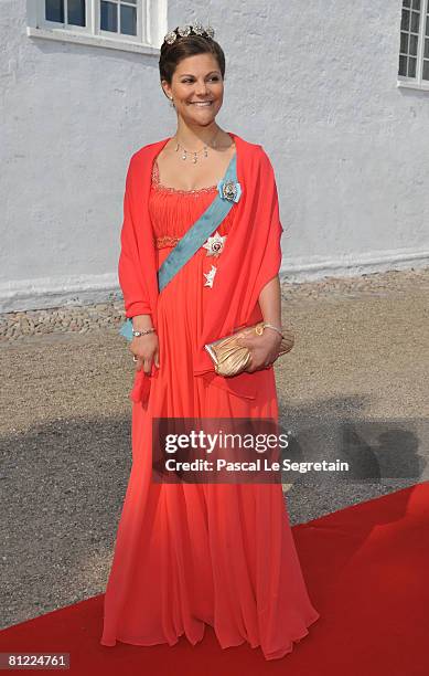 Crown Princess Victoria of Sweden arrives to attend the wedding between Prince Joachim of Denmark and Marie Cavallier on May 24, 2008 at the...