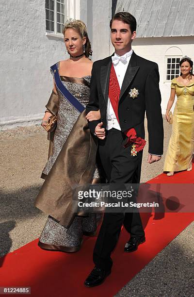 Princess Theodora and her brother Prince Nikolaos of Greece arrive to attend the wedding between Prince Joachim of Denmark and Marie Cavallier on May...