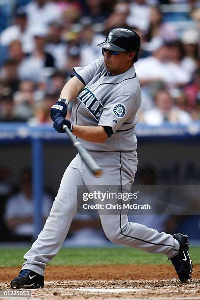 Jose Vidro of the Seattle Mariners hits a home run against the New York Yankees during their game on May 24, 2008 at Yankee Stadium in the Bronx...