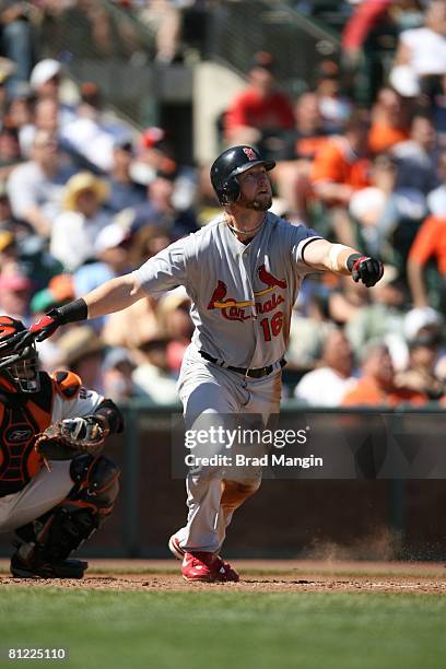 Chris Duncan of the St. Louis Cardinals hitting a home run during the game against the San Francisco Giants at AT&T Park in San Francisco, California...