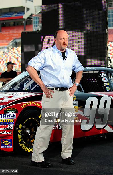 Television personality Jim Cramer interviews NASCAR drivers during the taping of NBC's "The American Dream" on May 23, 2008 at Lowe's Motor Speedway...