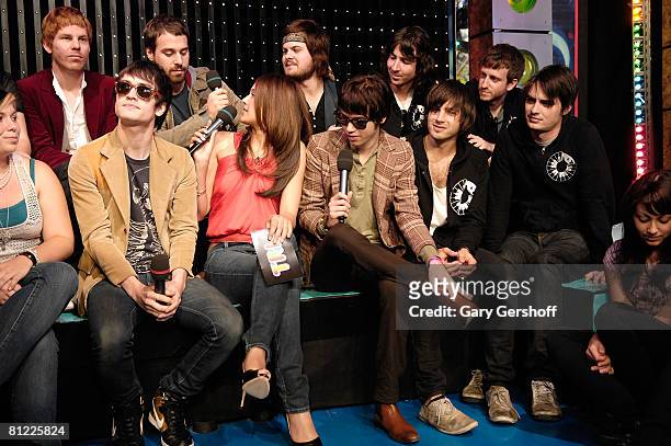 Lyndsey Rodrigues with Fueled By Ramen band Panic At The Disco during MTV's "TRL" at MTV Studios Times Square with co-host Snoop on May 5, 2008 in...