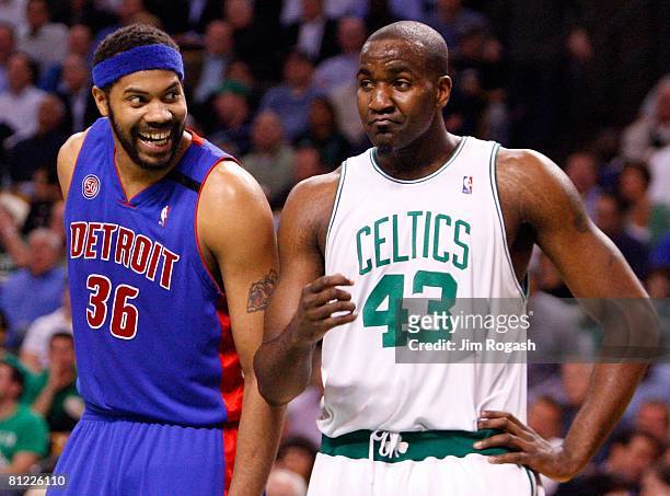 Rasheed Wallace of the Detroit Pistons and Kendrick Perkins of the Boston Celtics during Game One of the 2008 NBA Eastern Conference finals at the TD...