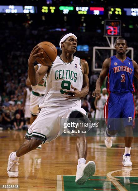 Rajon Rondo of the Boston Celtics goes to the hoop against the Detroit Pistons during Game One of the 2008 NBA Eastern Conference finals at the TD...