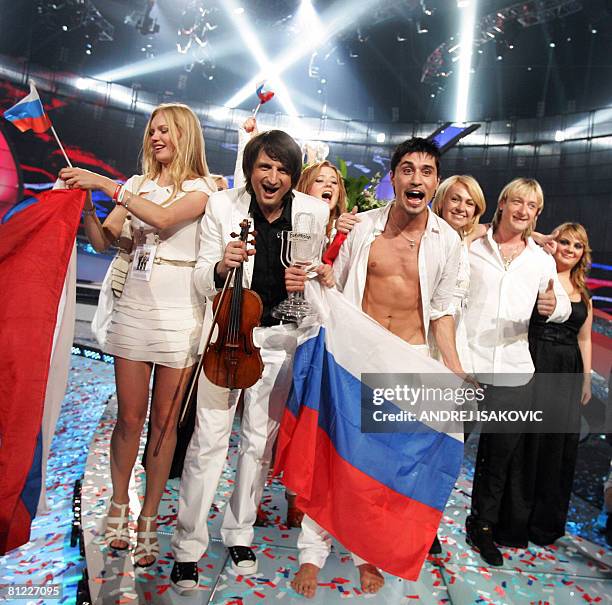 Dima Bilan of Russia celebrates after winning the Eurovision Song Contest 2008 at Belgrade Arena early on May 25, 2008. Bilan won the 53rd Eurovision...