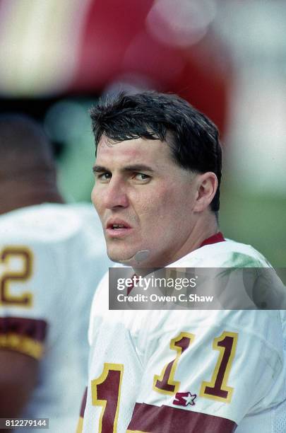 Mark Rypien of the Washington Redskins against the Los Angeles Rams at Anaheim Stadium circa 1987 in Anaheim,California.