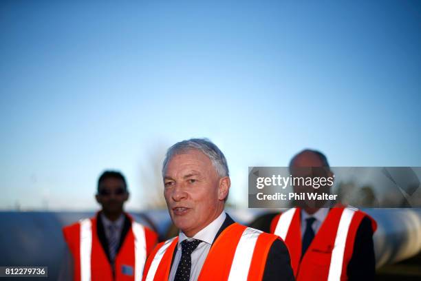 Auckland Mayor Phil Goff speaks at the Watercare pipe storage facilties on July 11, 2017 in Auckland, New Zealand. Prime Minister Bill English today...