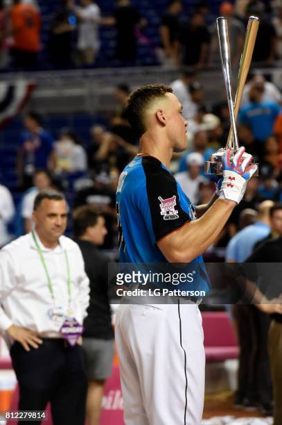 Aaron Judge of the New York Yankees poses with the Home Run Derby trophy after winning the 2017 T-Mobile Home Run Derby at Marlins Park on Monday,...