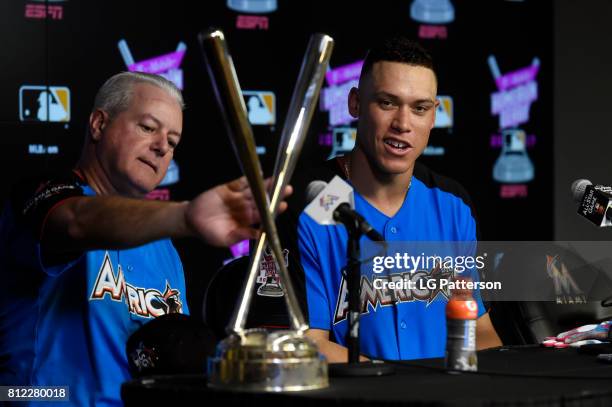 Aaron Judge of the New York Yankees talks to the media after winning the the 2017 T-Mobile Home Run Derby at Marlins Park on Monday, July 10, 2017 in...