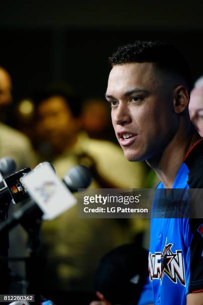 Aaron Judge of the New York Yankees talks to the media after winning the the 2017 T-Mobile Home Run Derby at Marlins Park on Monday, July 10, 2017 in...