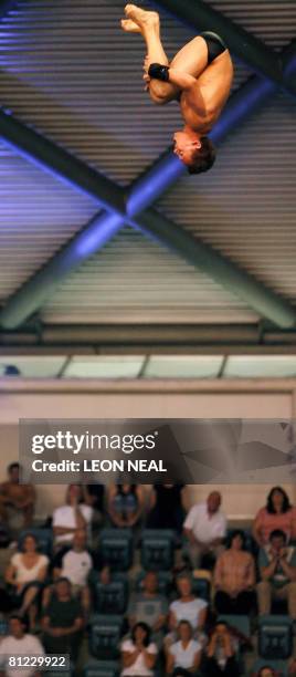 Tom Daley of Great Britain competes in the Men's platform semi-final on the second day of the 2nd FINA Diving World Series in Sheffield, on May 25,...