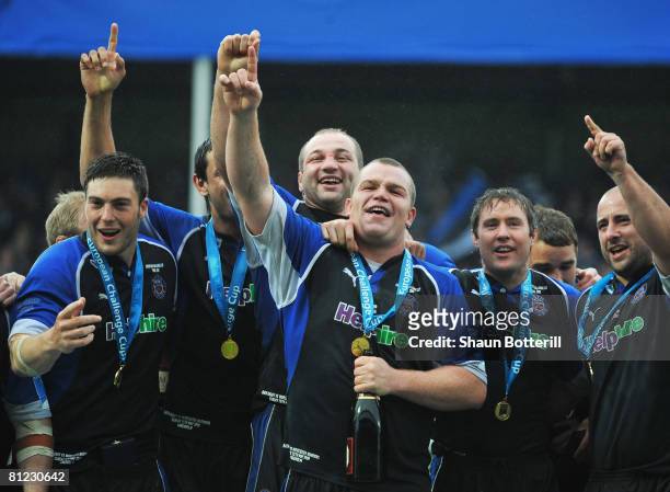 Steve Borthwick and Matt Stevens of Bath celebrate with team mates after the European Challenge Cup Final between Bath and Worcester Warriors at...