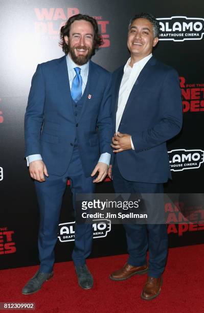 Actors Phil Burke and Alessandro Juliani attend the "War For The Planet Of The Apes" New York premiere at SVA Theater on July 10, 2017 in New York...