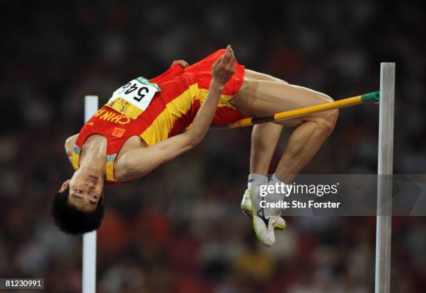 Shufeng Zhang of China clears the bar in the Men's High Jump final during day four of the Good Luck Beijing 2008 China Athletics Open at National...