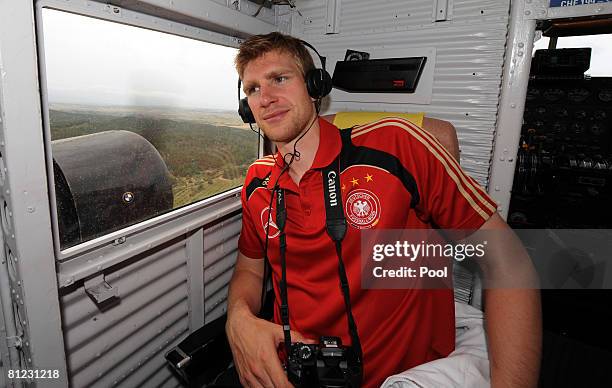 Per Mertesacker sits in a plane of Typ JU 52 during a round fly sponsored by watch manufactrer WC Schaffhausen on May 25, 2008 in Mallorca, Spain. On...