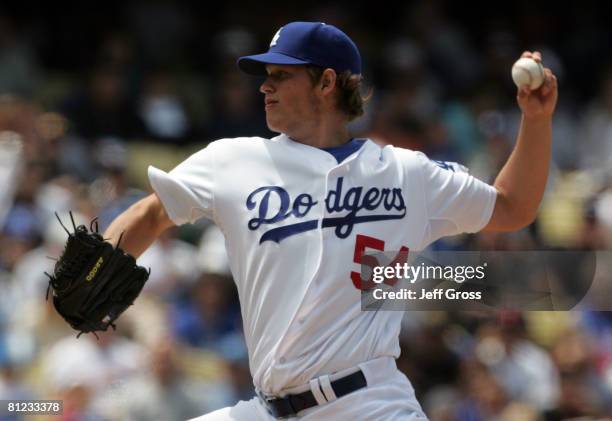 Clayton Kershaw of the Los Angeles Dodgers throws a pitch against the St. Louis Cardinals at Dodger Stadium on May 25, 2008 in Los Angeles,...