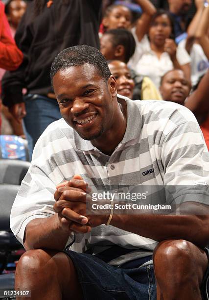 Former NBA star Antonio Davis enjoys the game between the Atlanta Dream and the Los Angeles Sparks at Philips Arena on May 25, 2008 in Atlanta,...